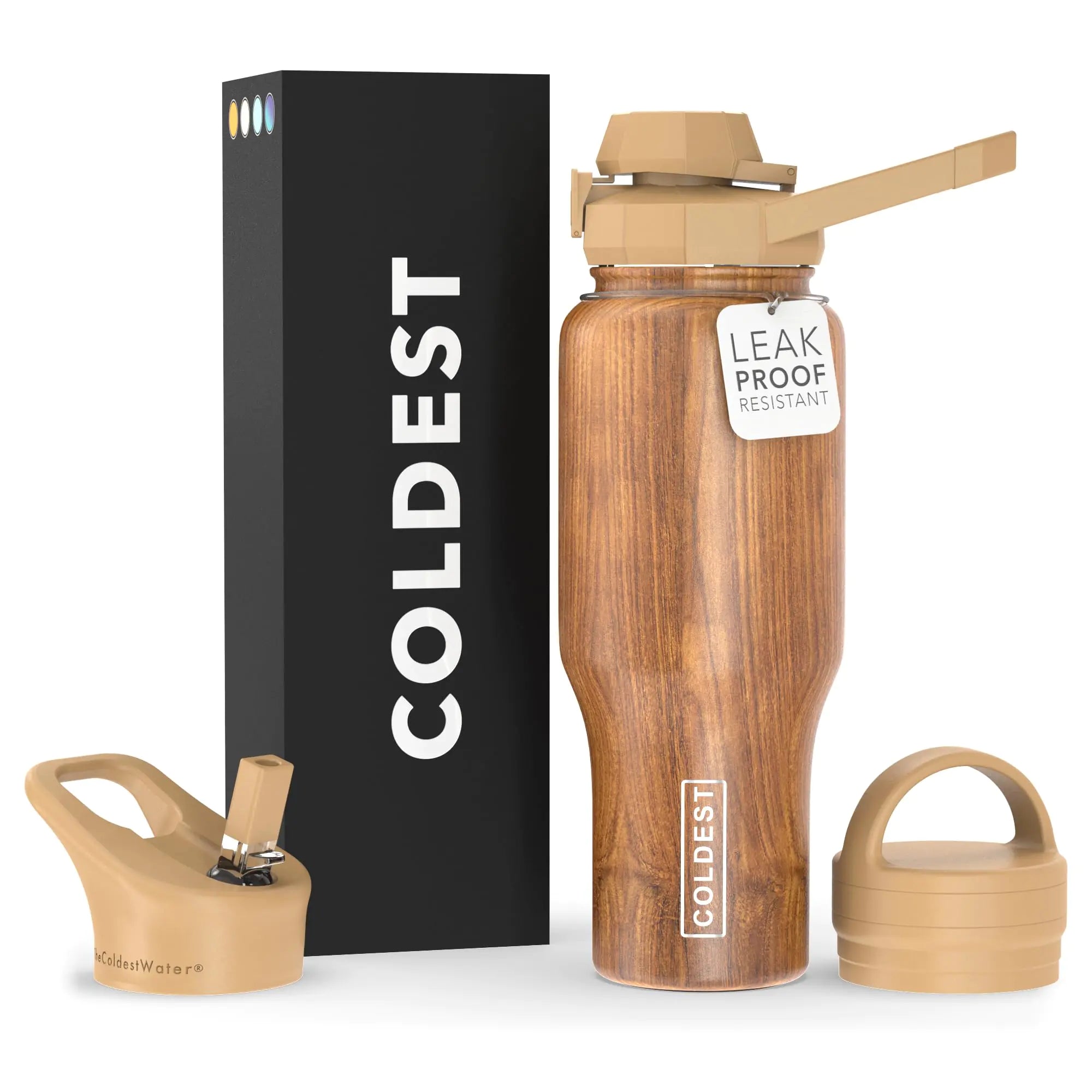 COLDEST Sports Water Bottle - 3 Lids (Chug Lid Straw Lid Handle Lid) Tumbler with Handle on Lid Water Bottles Cup Vacuum Insulated Stainless Steel Fits Cirkul Lid (36 oz Executive Wood)